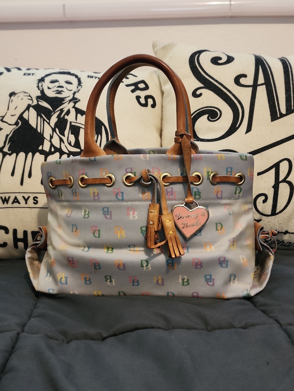 Authentic Dooney And Bourke Multi Colored Baby Blue Top Handle Small Tote